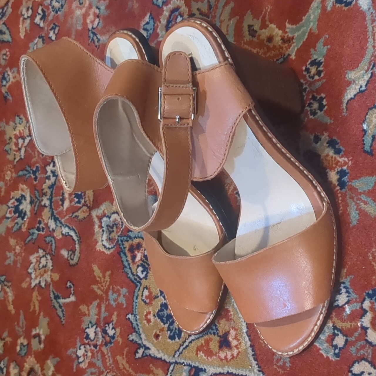 Mango Block Tan Leather Buckle Heels Size 39